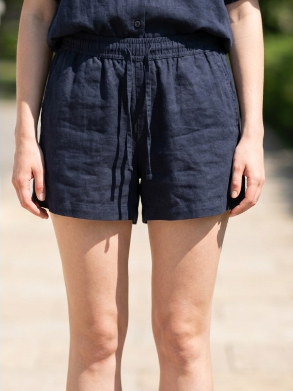 High-Waist Navy Drawstring Linen Shorts